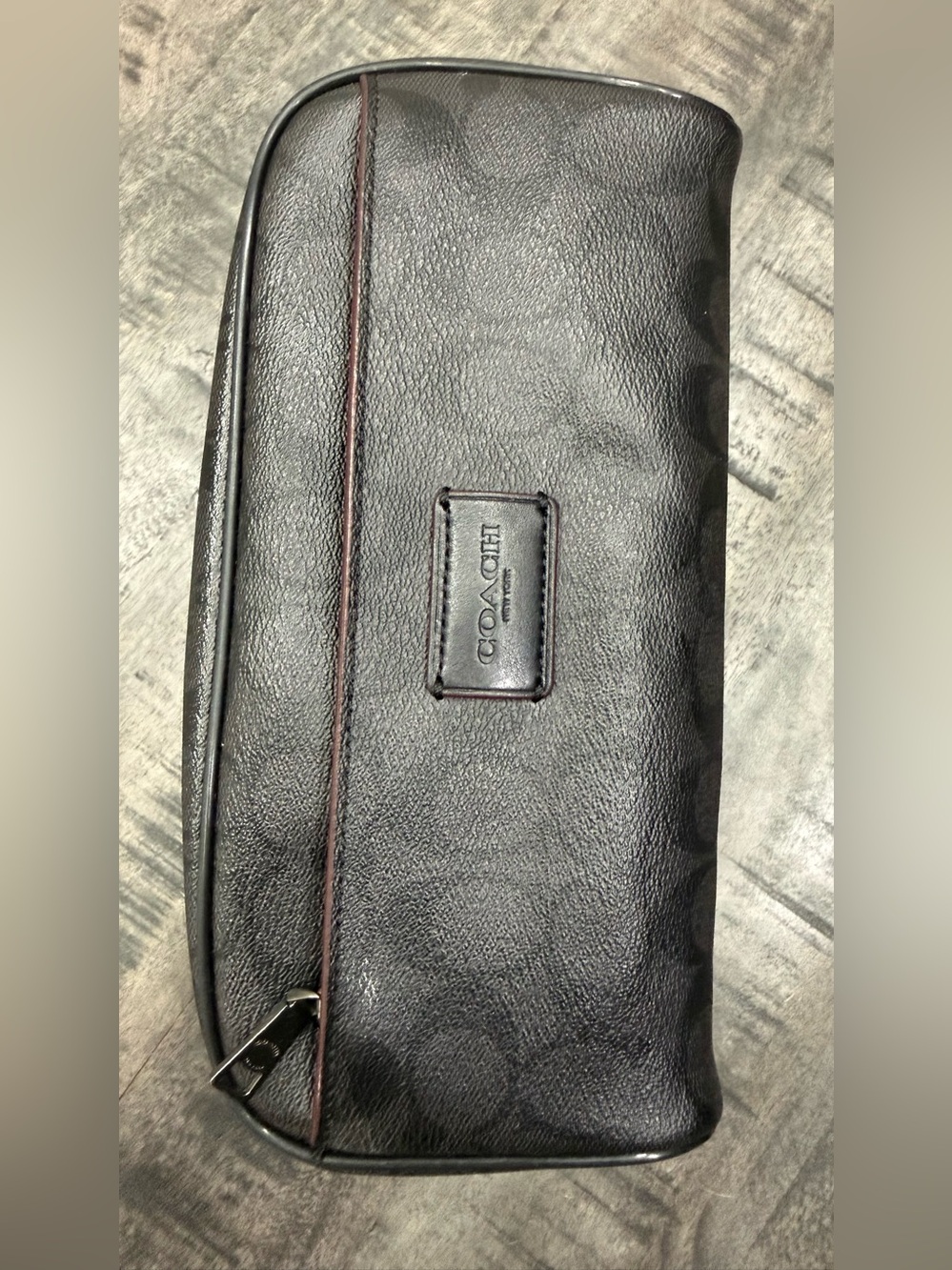 Coach Men's Black Leather Toiletry Pouch with Brown Trim